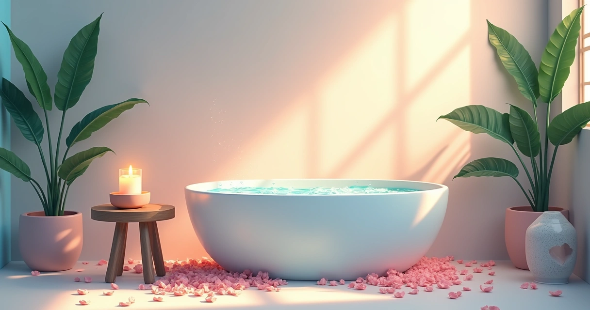 Banho energético com banheira, pétalas de rosa, vela acesa e recipiente de sal grosso em um ambiente calmo.