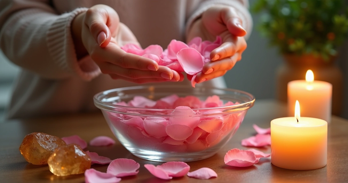 Person pouring rose petals into a spiritual bath 