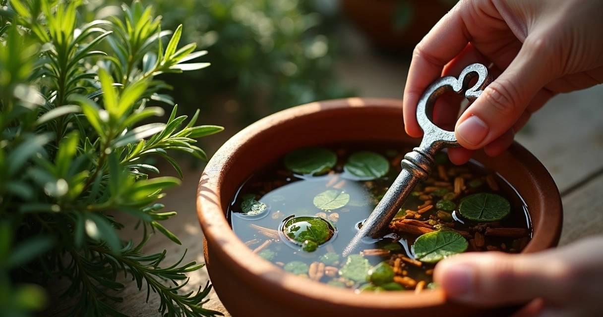 banho de ervas com chave de metal em bacia de barro 