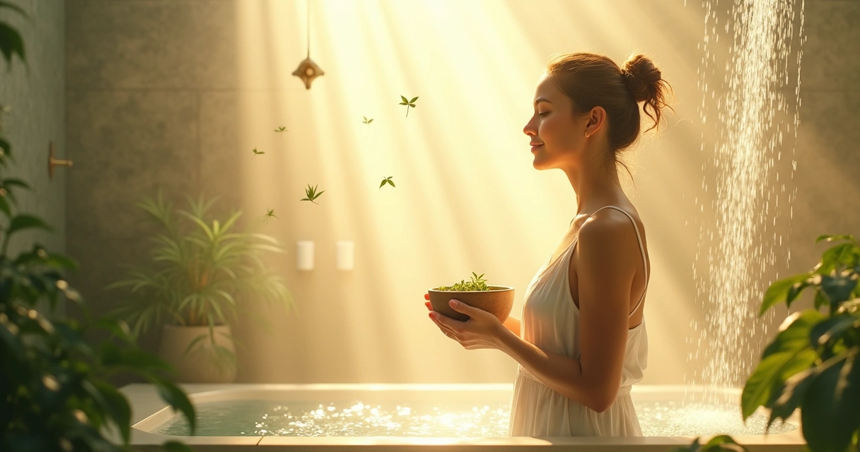 Pessoa em ambiente tranquilo realizando banho energético, luz dourada ao redor