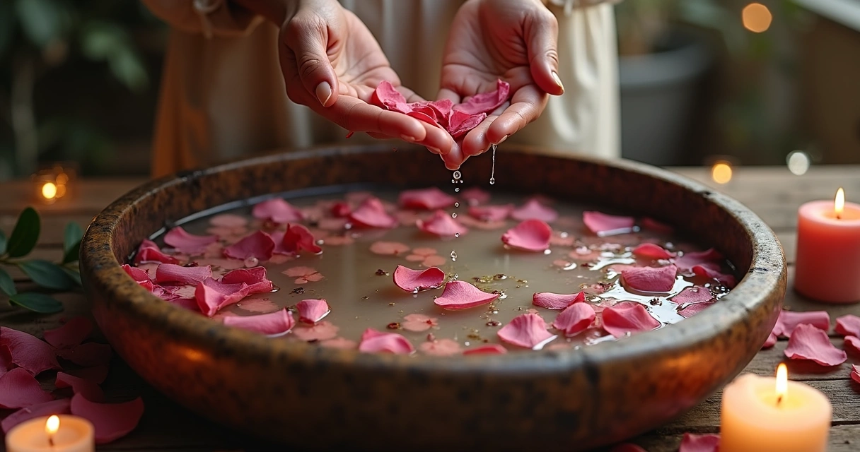 Banho energético em bacia de barro com pétalas de rosas e água clara 