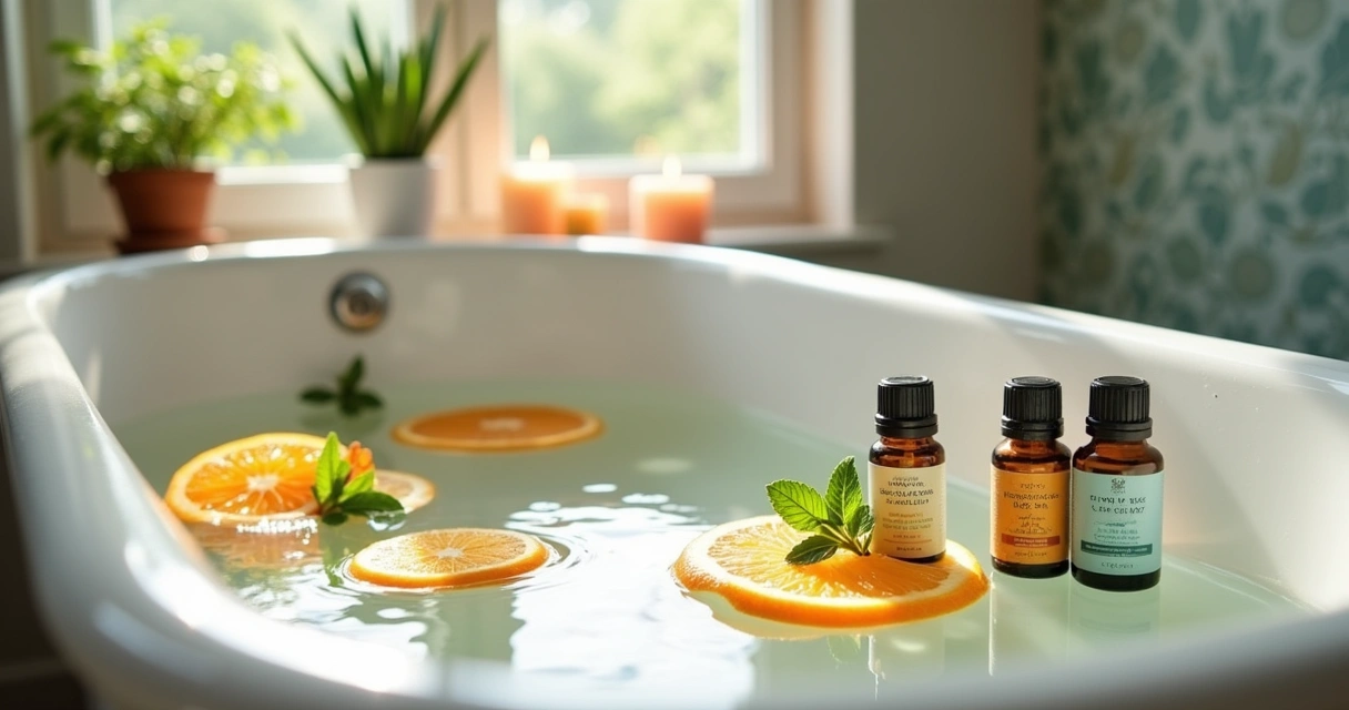 Banho energizante com óleos essenciais, água clara, rodelas de laranja, garrafas de óleos aromáticos e ambiente relaxante.