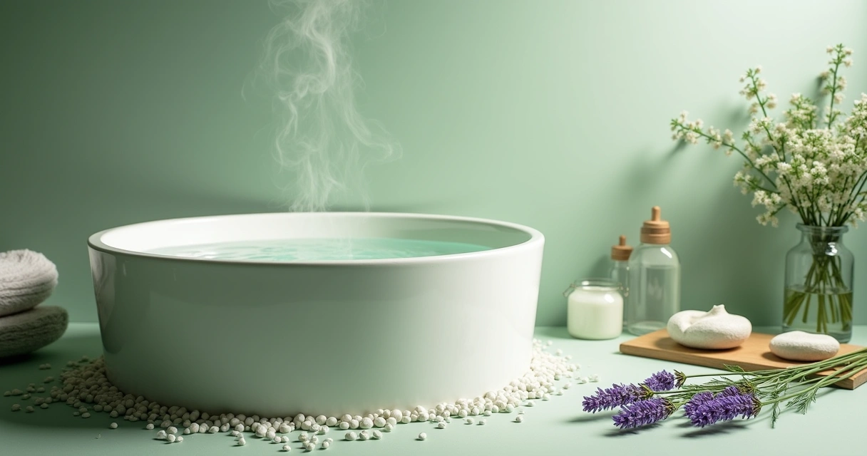 Banheira com água quente, flores de lavanda e camomila flutuando, ambiente relaxante e minimalista.