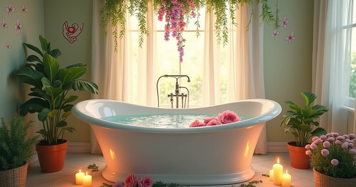 Banheira ornada cercada por ervas e flores em um ambiente sereno e iluminado, transmitindo amor e relaxamento.