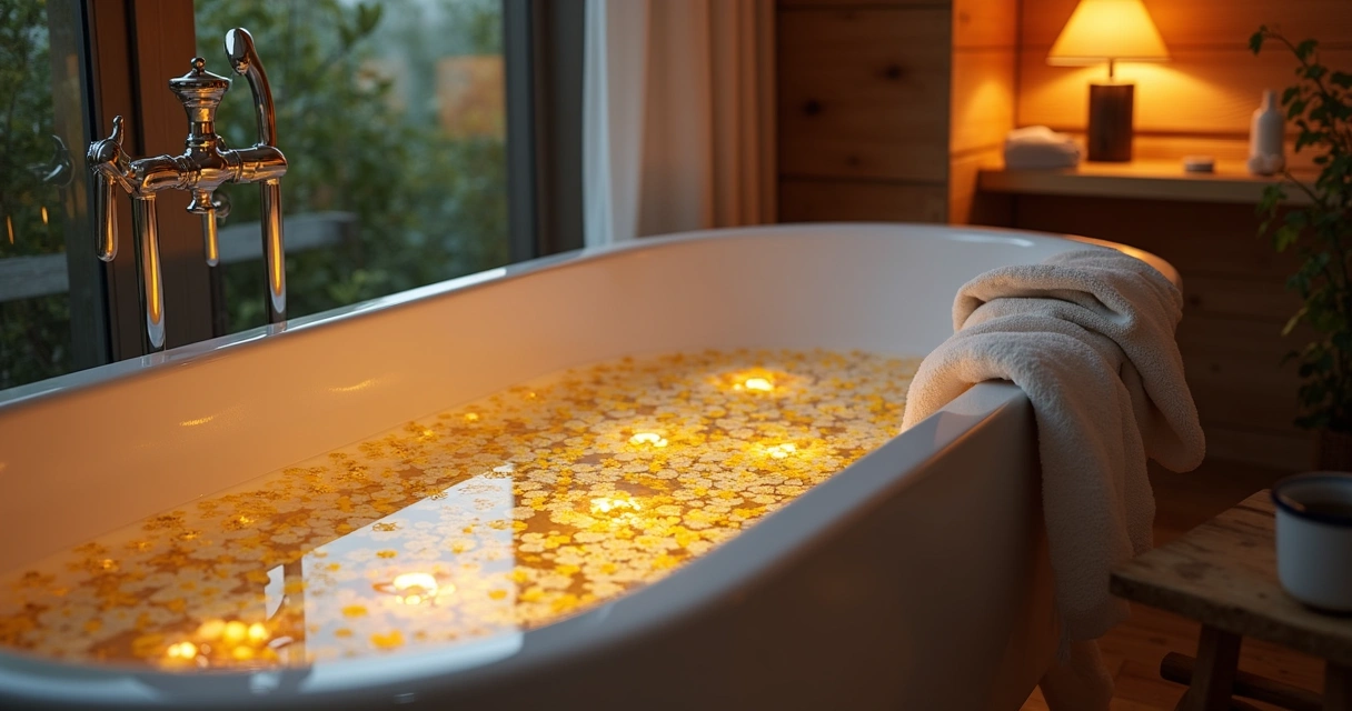 Banheira cheia de água morna, pétalas de camomila e folhas, ambiente com pouca luz. 
