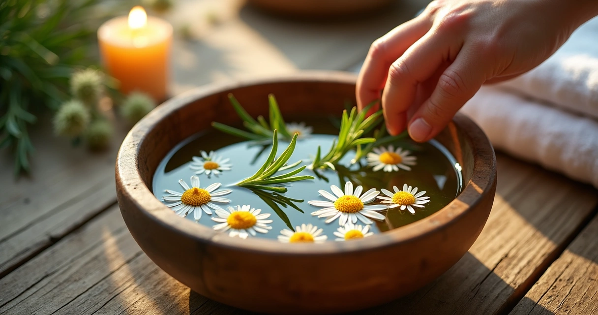 Banho de ervas aromáticas em bacia de madeira 