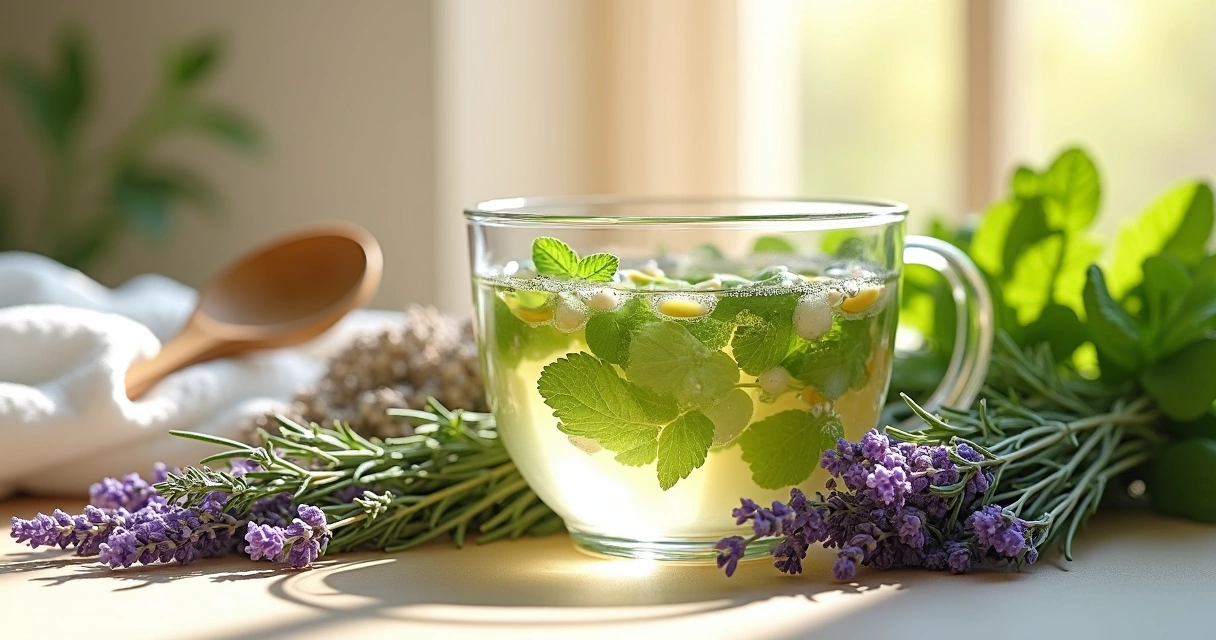 Banho de ervas com camomila, lavanda e alecrim organizados em bacia de água 