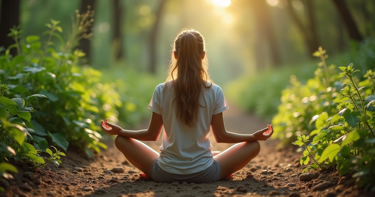 Pessoa sentada em ambiente natural meditando com cristais nas mãos e pés descalços na terra 