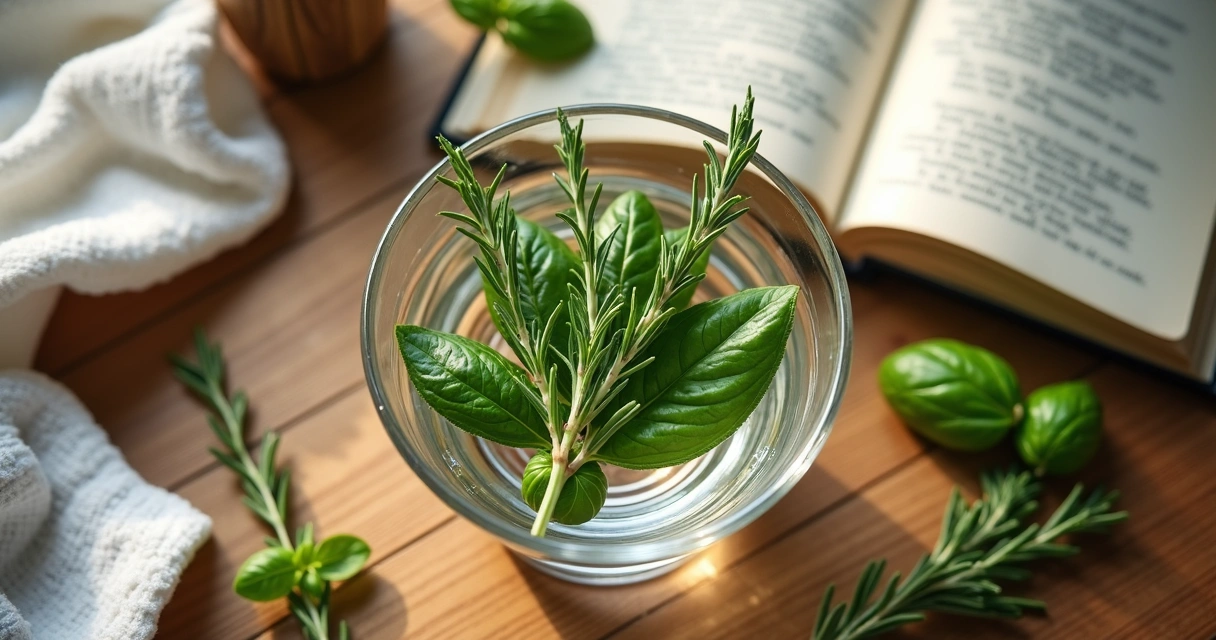 Recipiente com água, folhas de alecrim e manjericão, pronto para banho energético 