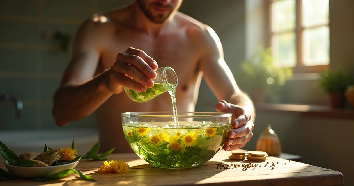 Homem despejando banho de ervas verdes para prosperidade