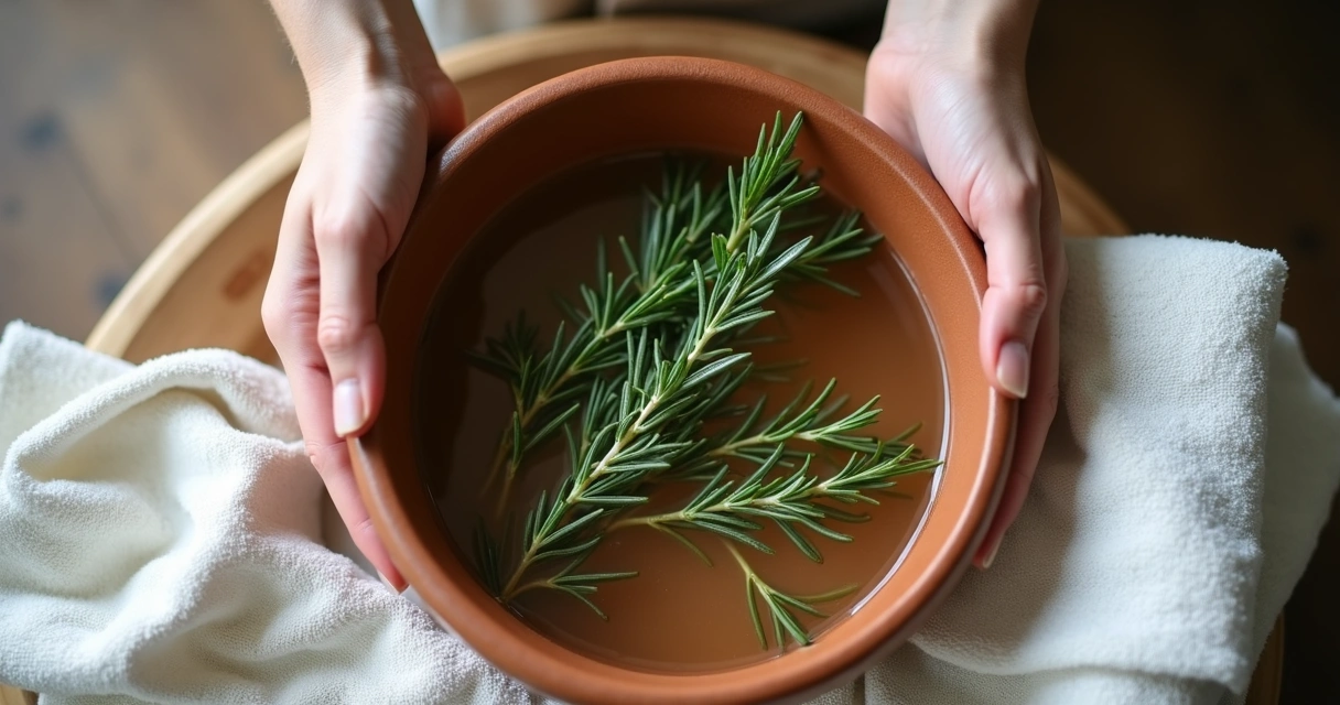 Banho de ervas na tigela com arruda e alecrim 