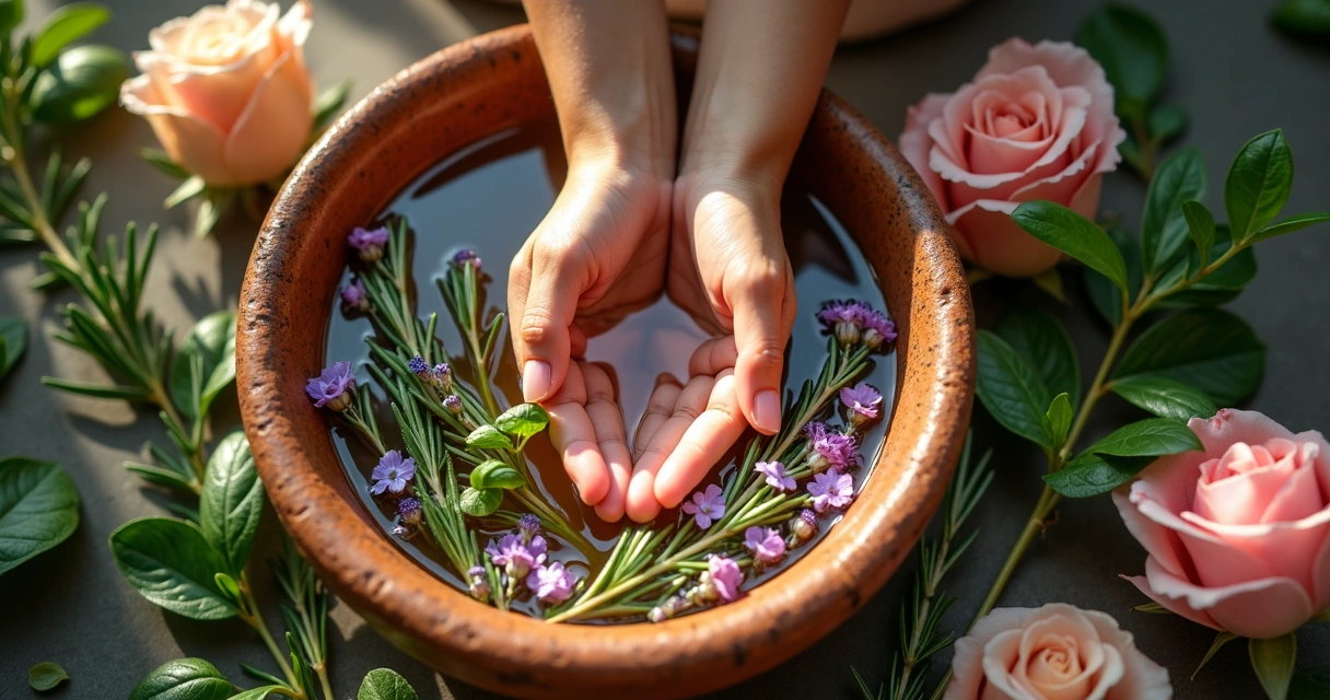 Banho de ervas em bacia de barro, flores ao redor, mãos femininas tocando a água 