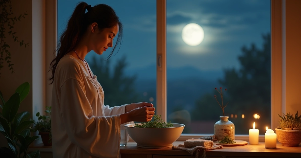 Mulher preparando banho de ervas à noite, com lua visível pela janela 
