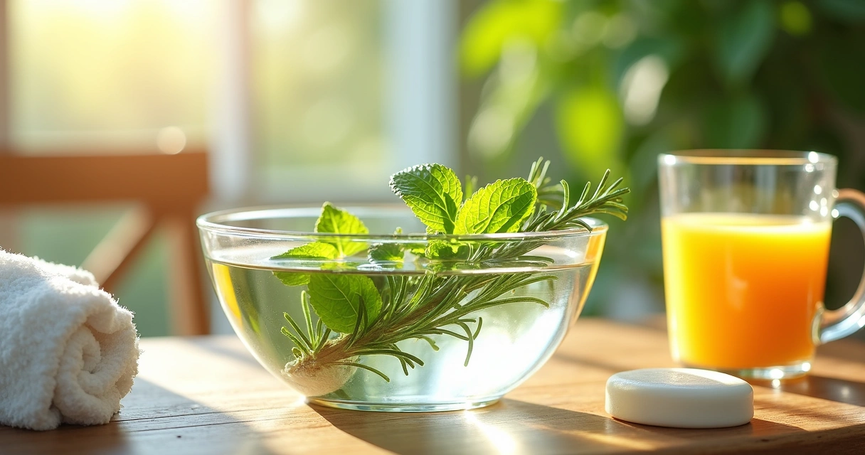 Folhas de alecrim e hortelã sob água clara em tigela de vidro 