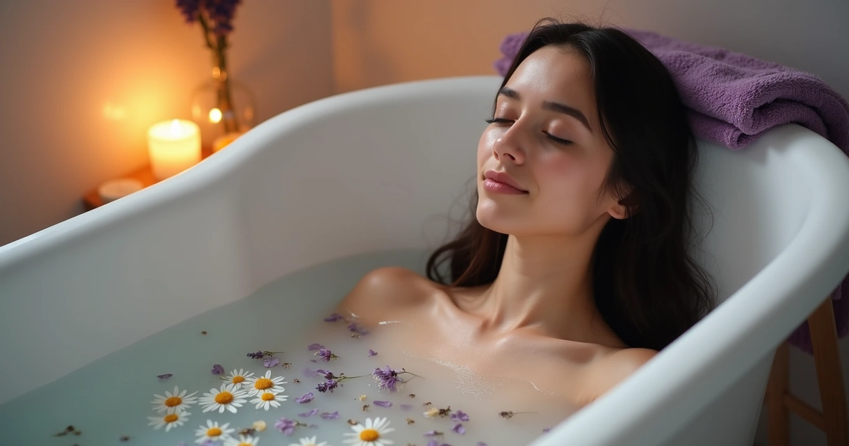 Mulher jovem em banho de imersão com flores e ervas