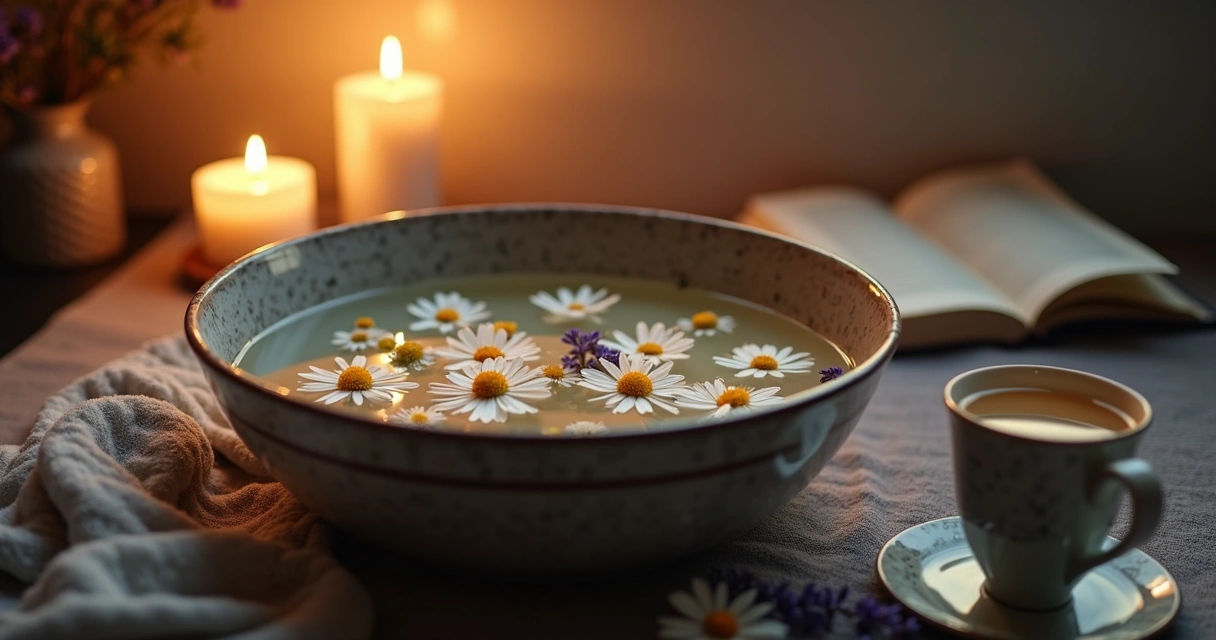 Folhas de camomila e lavanda em água morna antes do banho 