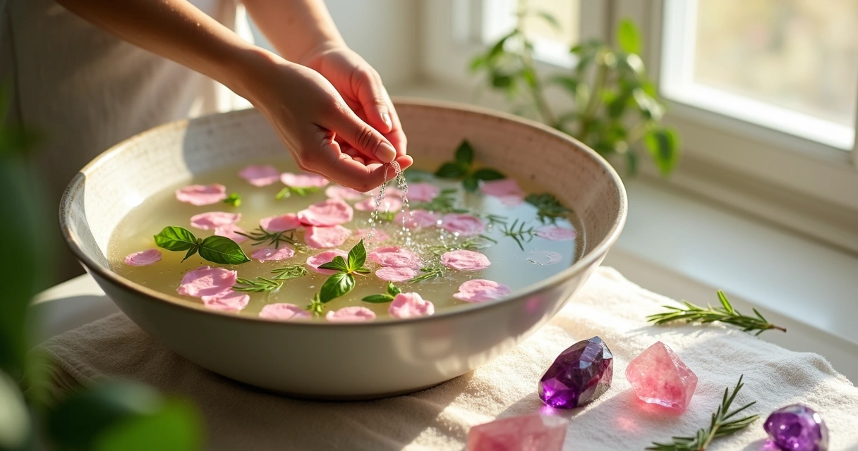Bacia com água, ervas e pétalas, rodeada de cristais 