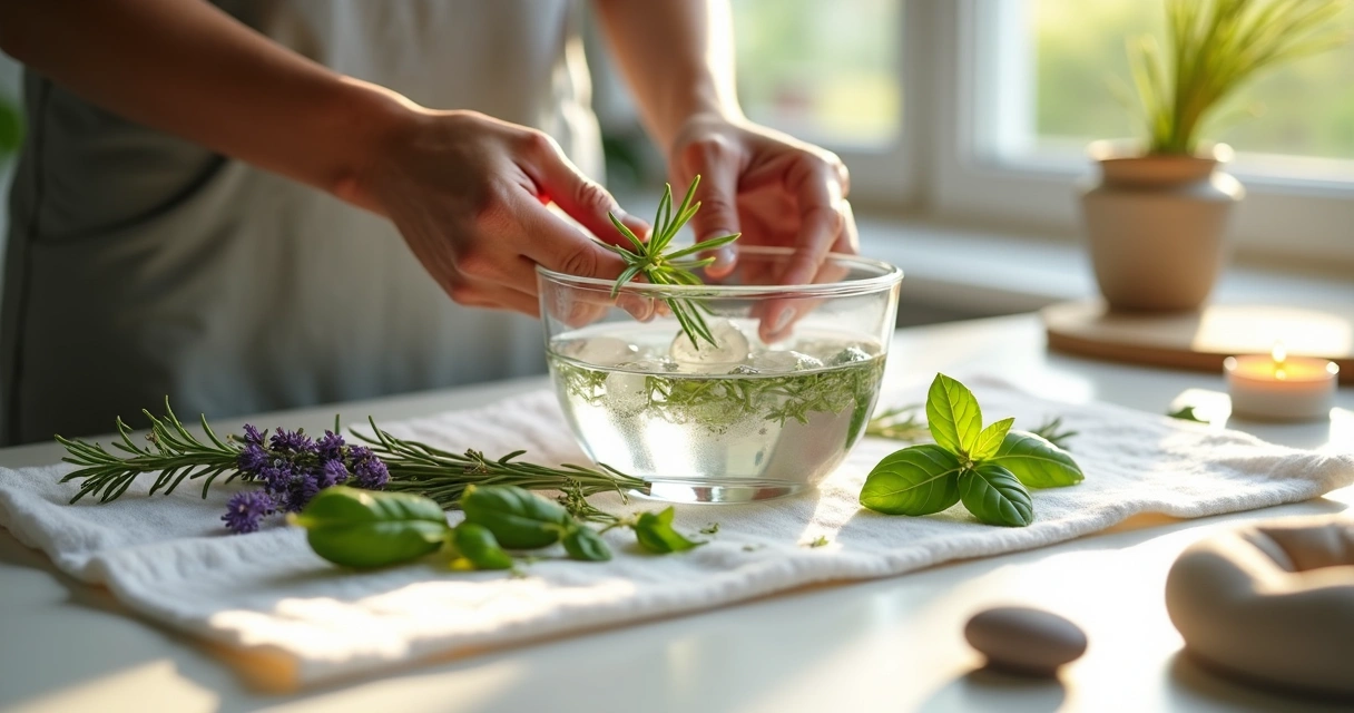 Preparando um banho de ervas em tigela de vidro