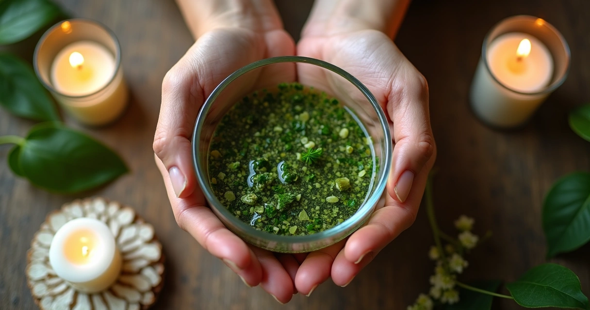 Pessoa preparando banho de ervas com folhas verdes e água 
