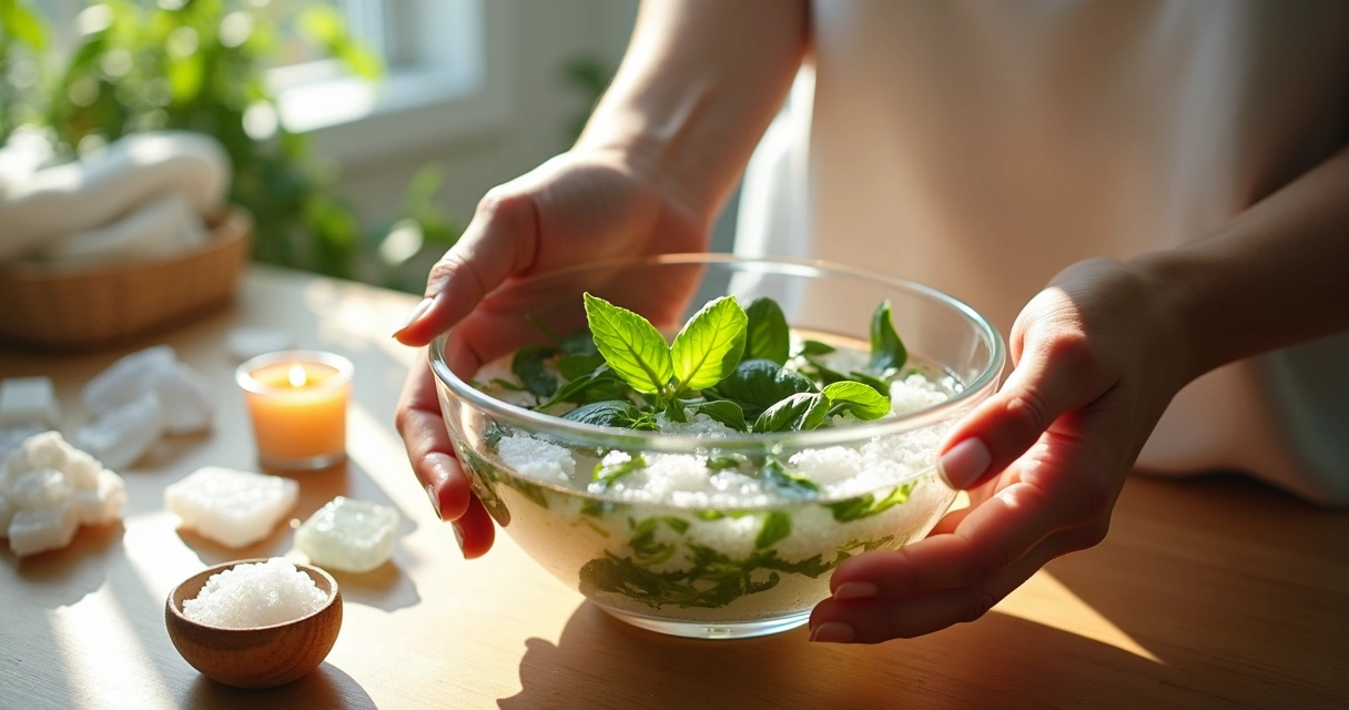 Mãos femininas preparando banho de ervas em uma tigela de vidro 