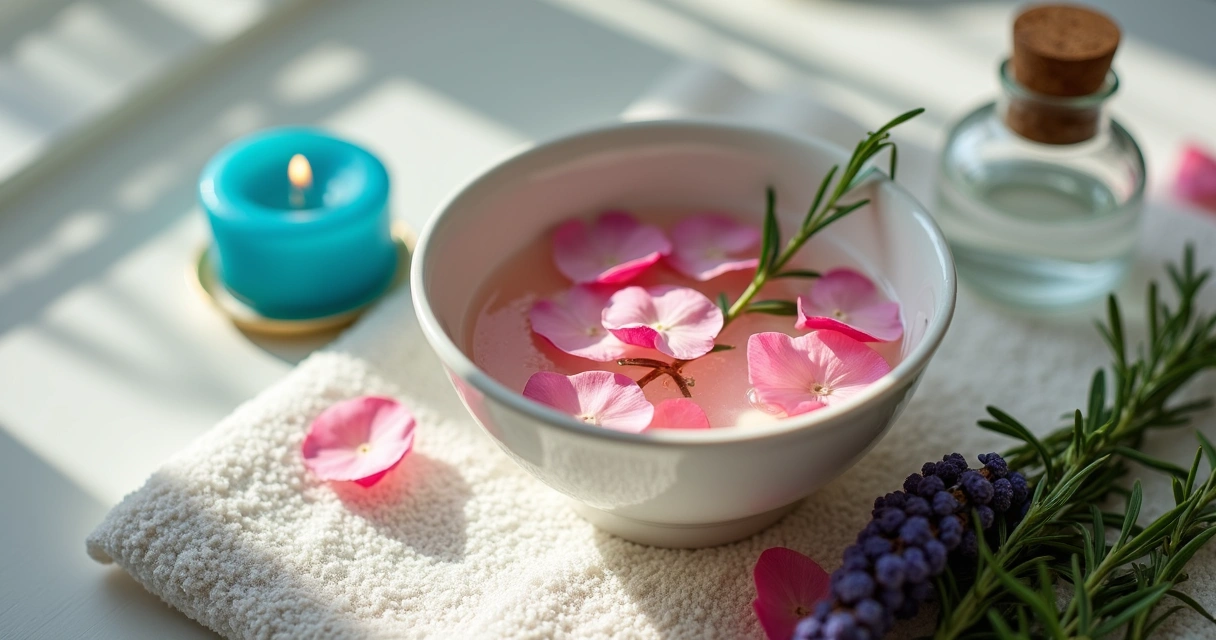 Banho de ervas preparado com alecrim, lavanda e rosas sobre toalha clara