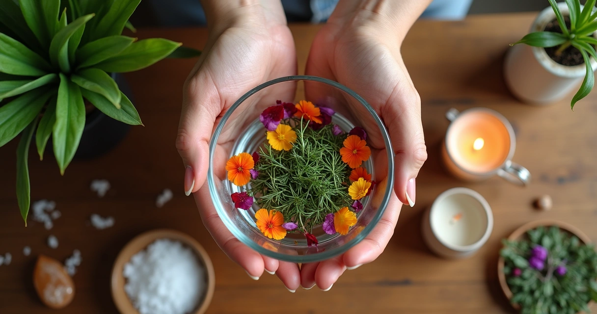 Pessoa preparando banho de ervas com flores e folhas em recipiente claro 