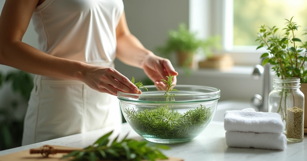 Mulher preparando banho de ervas em bacia de vidro