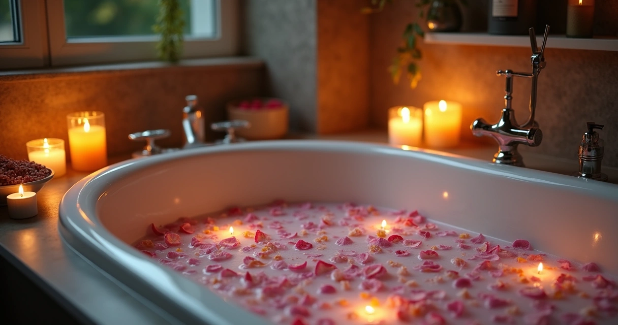 Banheira com pétalas de flores e velas acesas ao redor 