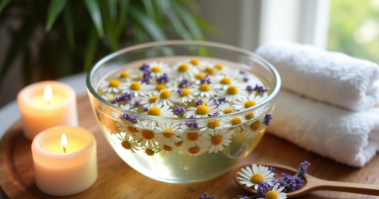 Ervas frescas em uma tigela de vidro com água morna pronta para banho, rodeadas de velas acesas e toalhas brancas. 