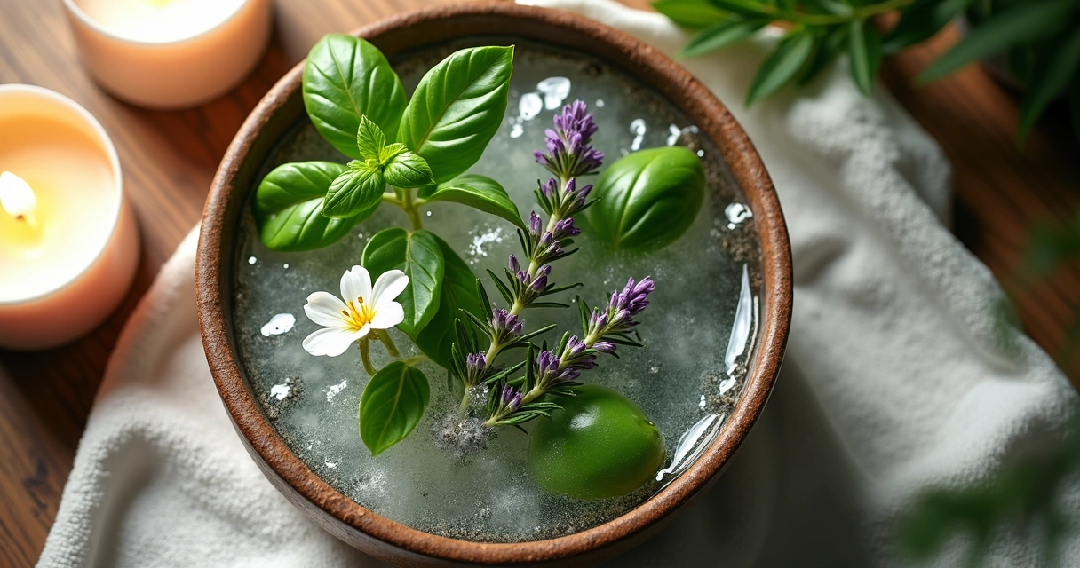 Banho de ervas com folhas e flores em uma tigela de cerâmica sobre toalha branca 