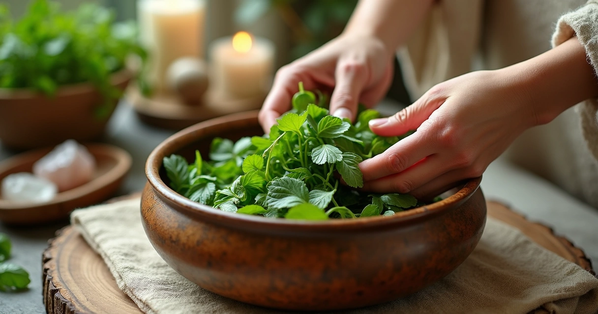 Pessoas preparando banho de ervas em bacia de cerâmica 