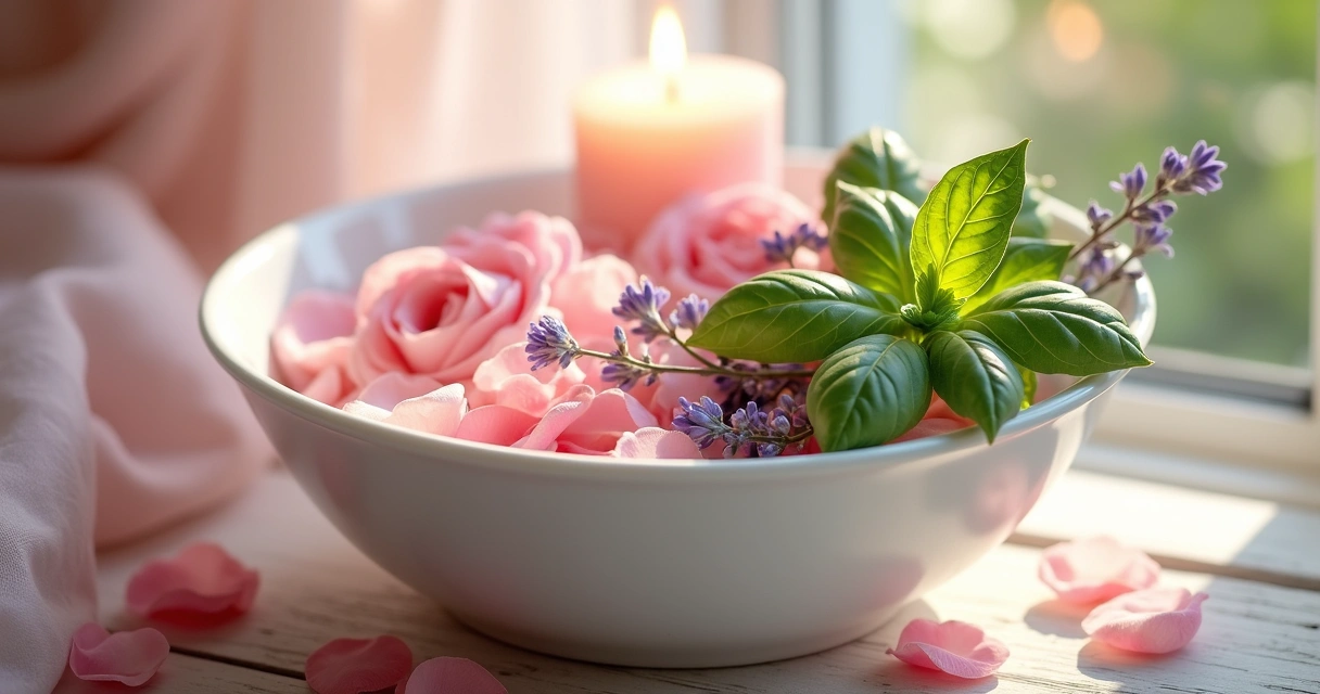 Buquê de rosas, manjericão e lavanda em bacia com água 