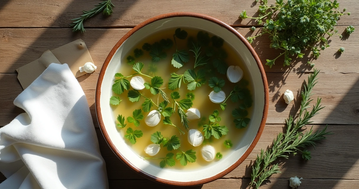 Banho de ervas em bacia com pétalas verdes e brancas 