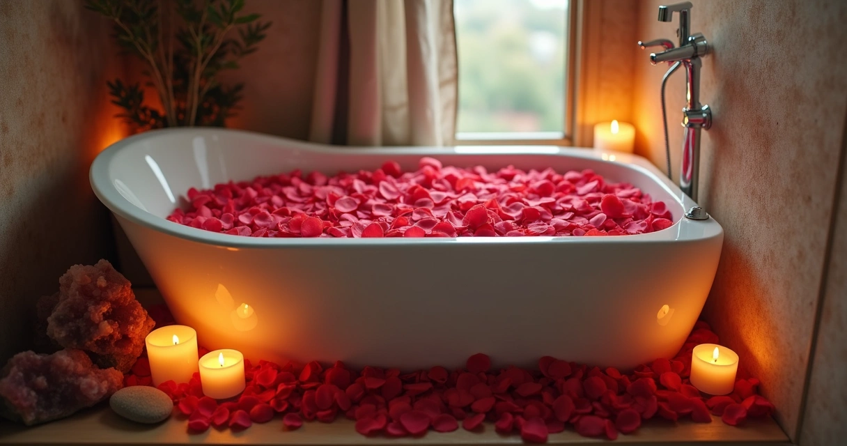 Banheira com pétalas de rosa, velas acesas e pedras naturais ao redor 