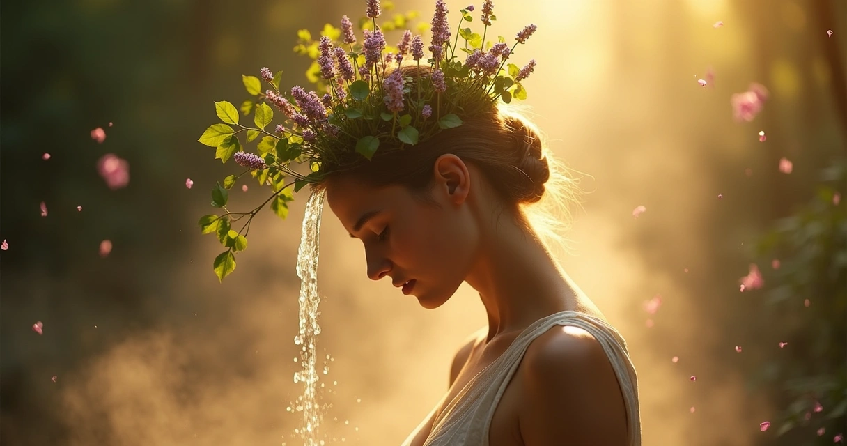 Banho de ervas para fechar ciclos, água caindo sobre corpo iluminado