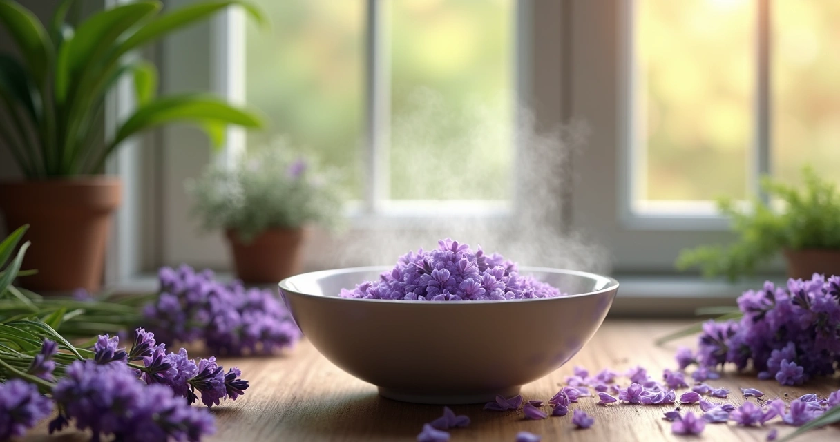 Banho floral com pétalas de lavanda em recipiente de vidro