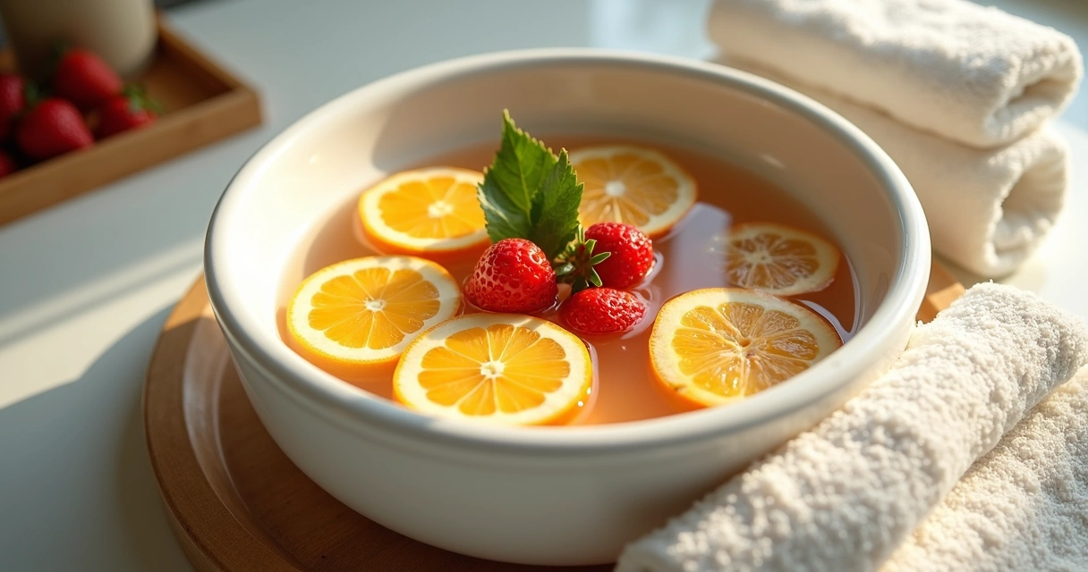 Roscas de laranja, fatias de morango e folhas em água cristalina. 