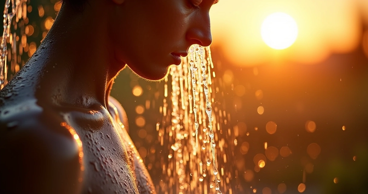 Pessoa tomando banho gelado de frente para o nascer do sol