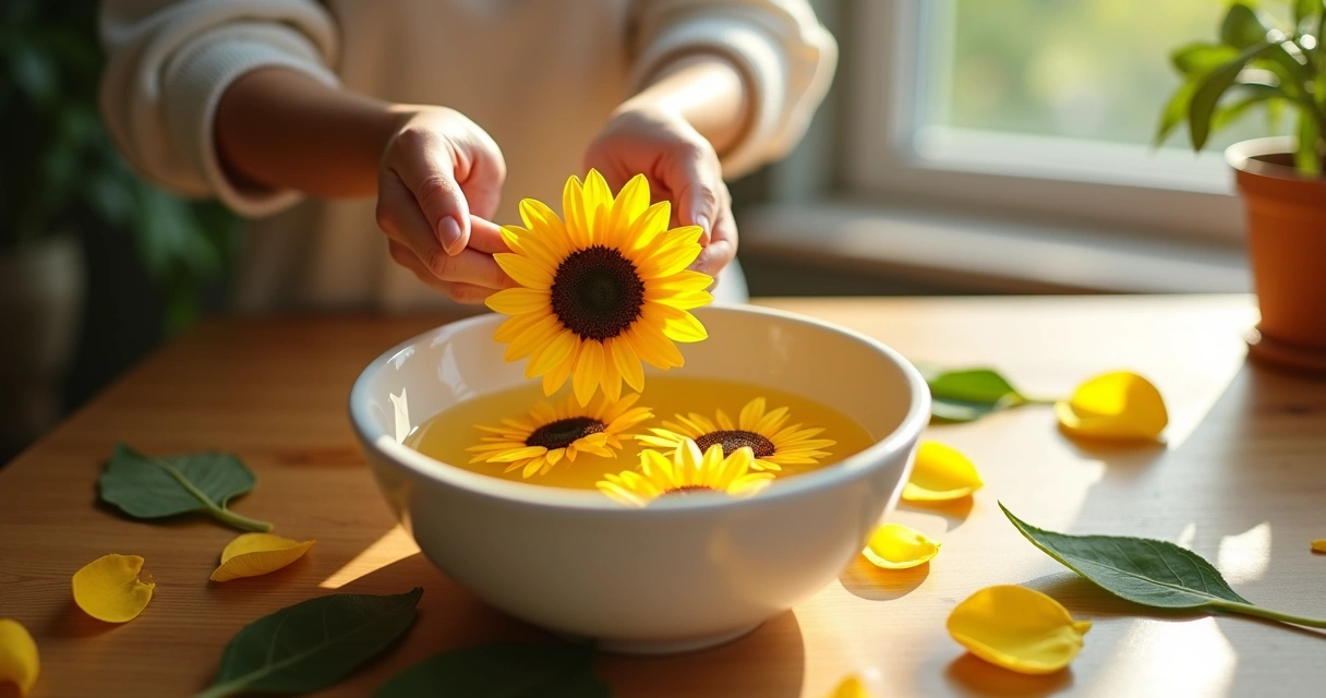 Mãos femininas preparando um banho de pétalas de girassol em uma bacia branca com água morna 