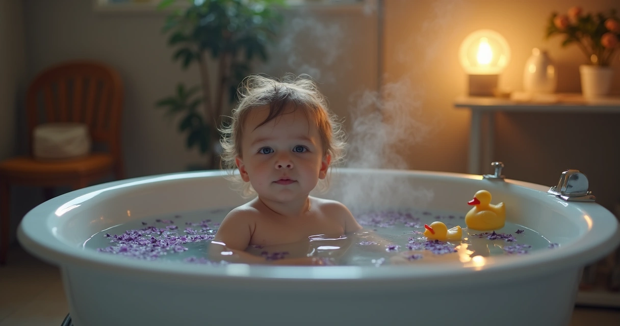 Banho infantil relaxante noturno com água morna, pétalas de lavanda e camomila 