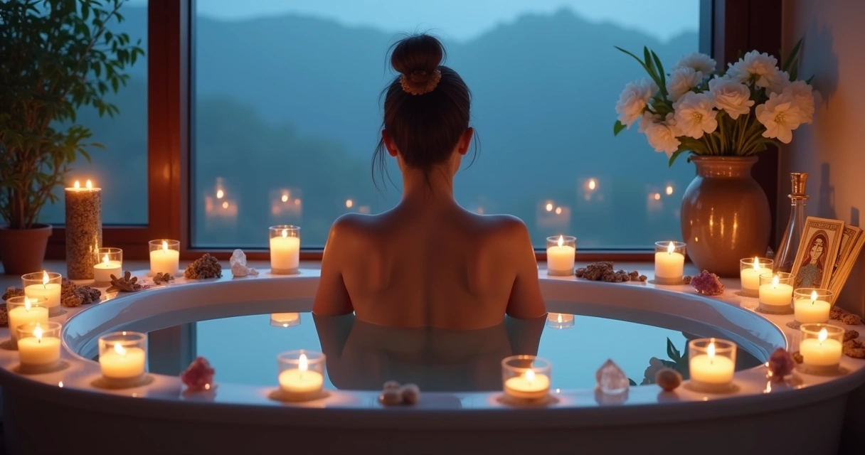 Ritual de banho energético em ambiente calmo, com velas ao redor e elementos naturais 