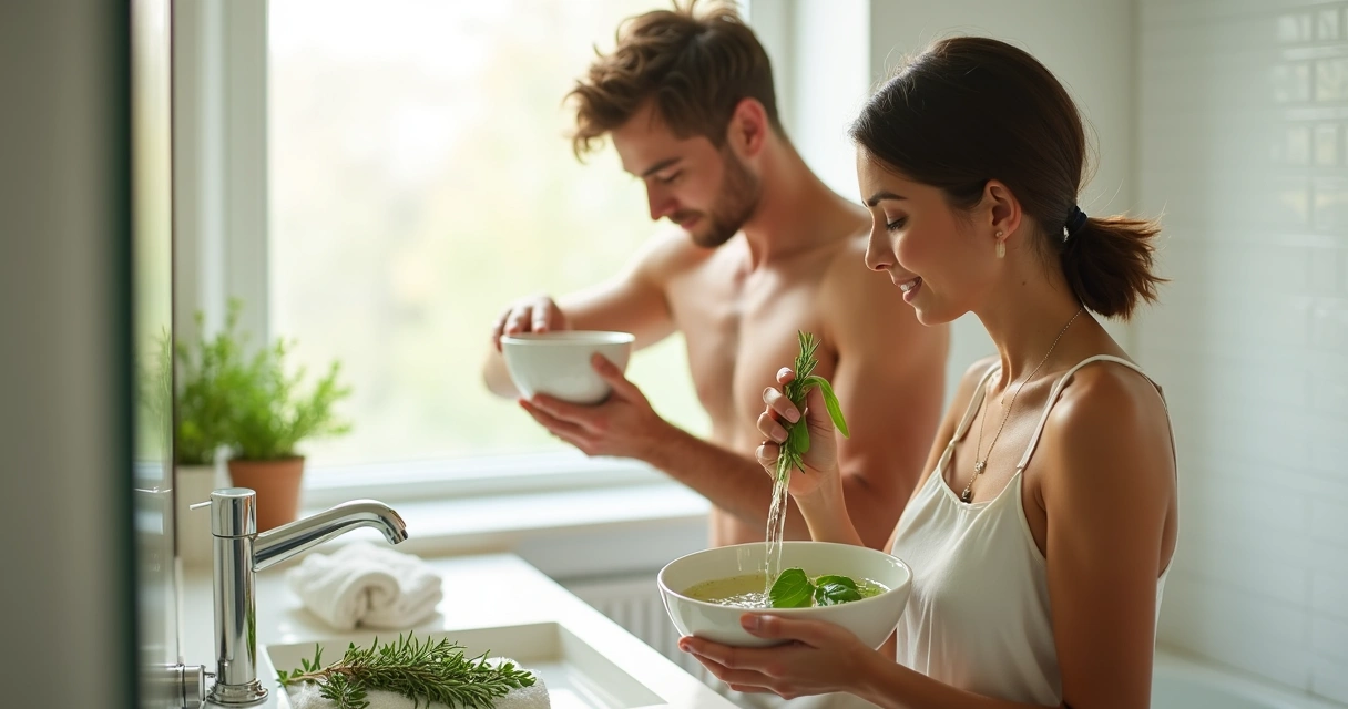 Casal tomando banho de limpeza energética com ervas 