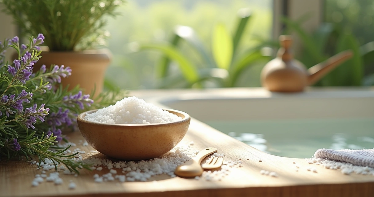 Banheira com ervas como arruda, lavanda e camomila em um ambiente relaxante de banho de limpeza.