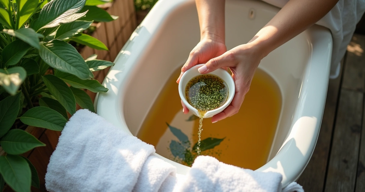 Mãos femininas despejando água de ervas em um banho ao ar livre 