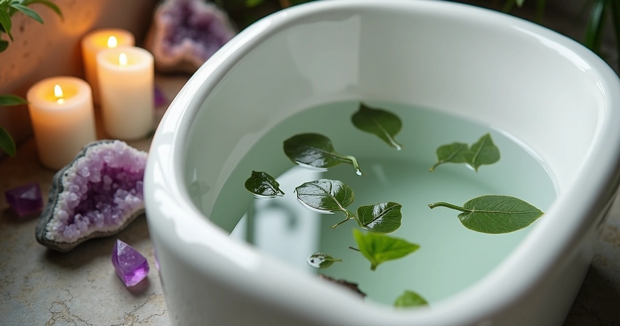 Banheira com água, ervas e velas de limpeza energética 