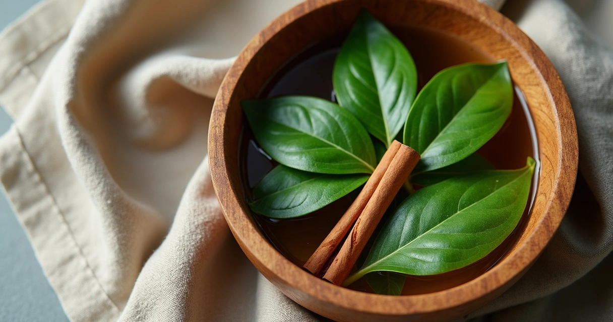 Folhas de louro e paus de canela em uma tigela com água 
