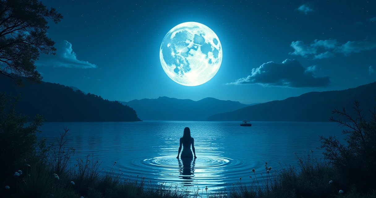 Pessoa em um lago sob a luz da lua cheia, cercada por natureza e uma atmosfera de serenidade e renovação.