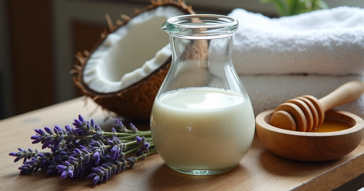 Leite de coco e lavanda juntos sobre mesa de madeira 