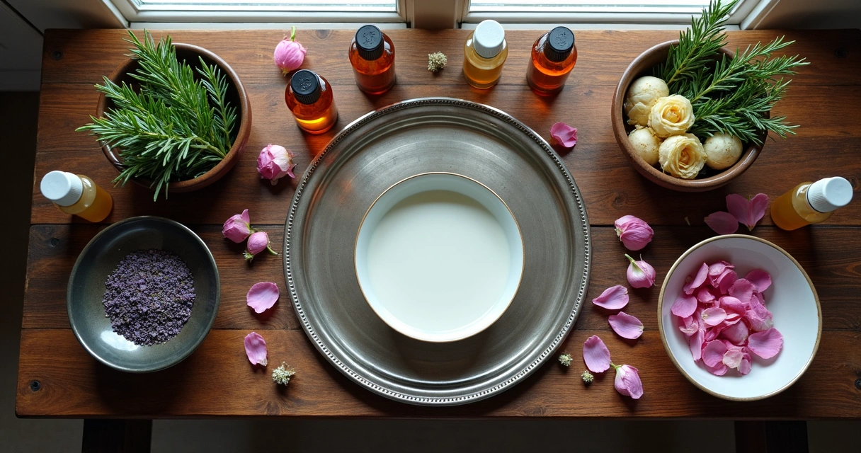 Mesa com recipientes contendo ervas frescas, óleos essenciais e pétalas coloridas. 