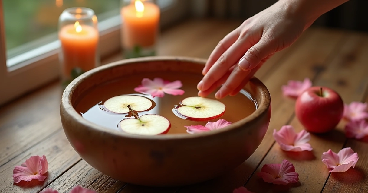 Banho de maçã energizante com pétalas e maçã em primeiro plano 